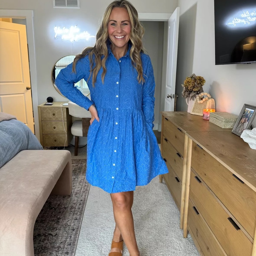 J. Crew Eyelet Blue Long-Sleeve Shirt Dress 10